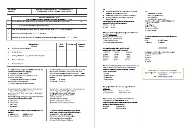 2021-2022 5.Sınıf Sosyal Bilgiler 1.Dönem 2.Yazılı-Karma