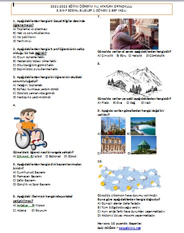 Sosyal Bilgiler 5 BEP 1.Dönem 2.Yazılı