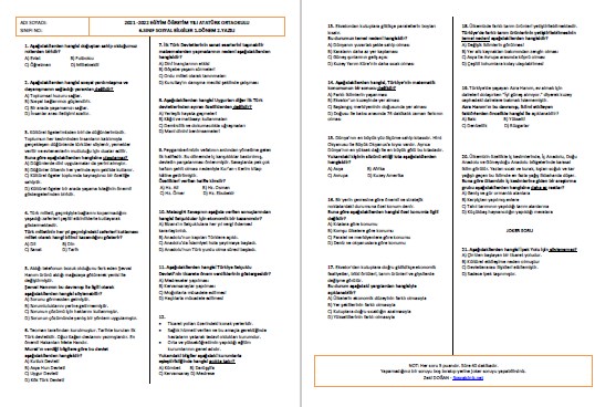 2021-2022 6.Sınıf Sosyal Bilgiler 1.Dönem 2.Yazılı-Test