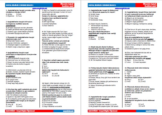 Sosyal Bilgiler 6 Deneme Sınavı 3