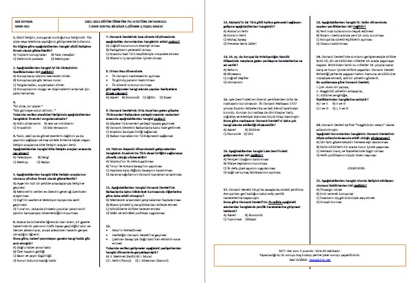 2021-2022 7.Sınıf Sosyal Bilgiler 1.Dönem 2.Sınavı