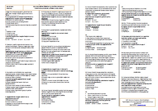 2021-2022 7.Sınıf Sosyal Bilgiler 1.Dönem 2.Yazılı Sınavı
