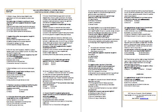 2021-2022 7.Sınıf Sosyal Bilgiler 1.Dönem 2.Yazılı