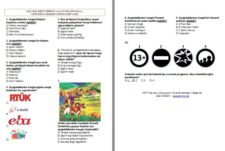 Sosyal Bilgiler 7 BEP 1.Dönem 2.Yazılı