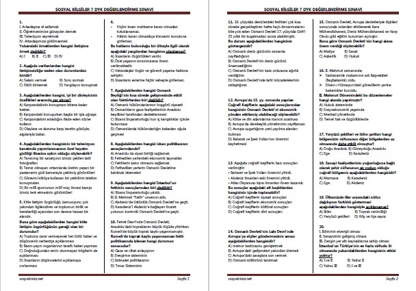 Sosyal Bilgiler 7 DYK Değerlendirme Sınavı ve Analizi