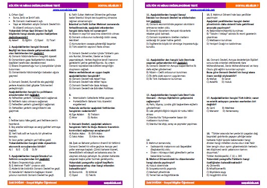 Sosyal Bilgiler 7 Kültür ve Miras Test
