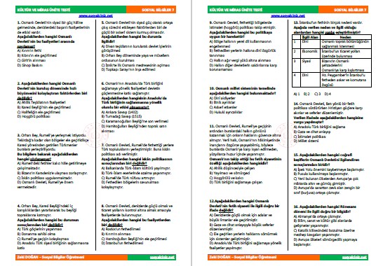 Sosyal Bilgiler 7 Kültür ve Miras Ünite Testi(30 Soru)
