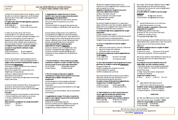 2021-2022 T.C. İnkılap Tarihi 1.Dönem 2.Yazılı-Test