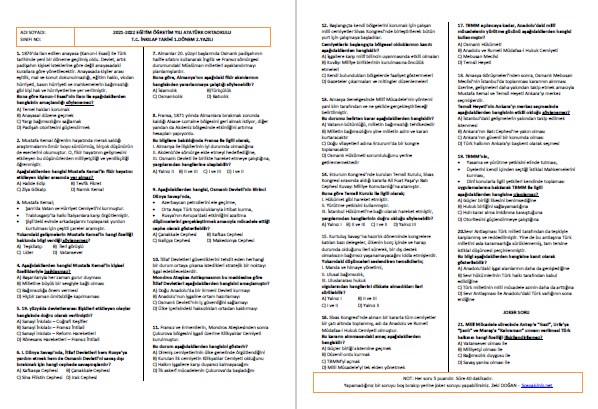 2021-2022 T.C. İnkılap Tarihi 1.Dönem 2.Yazılı