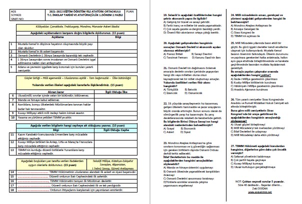 2021-2022 T.C. İnkılap Tarihi 1.Dönem 2.Yazılı Karma