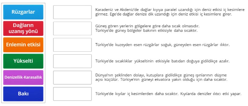 Ülkemizde Sıcaklığın Dağılışını Etkileyen Faktörler-Eşleştirme