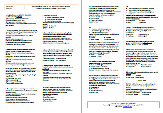 7.Sınıf Sosyal Bilgiler 1.Dönem 2.Yazılı Sınavı-Test