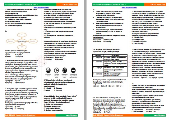Hayatımızdaki Sosyal Bilimler Test 2
