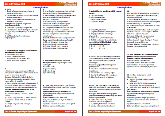 T.C. İnkılap Tarihi İlk 3 Ünite Tarama Testi