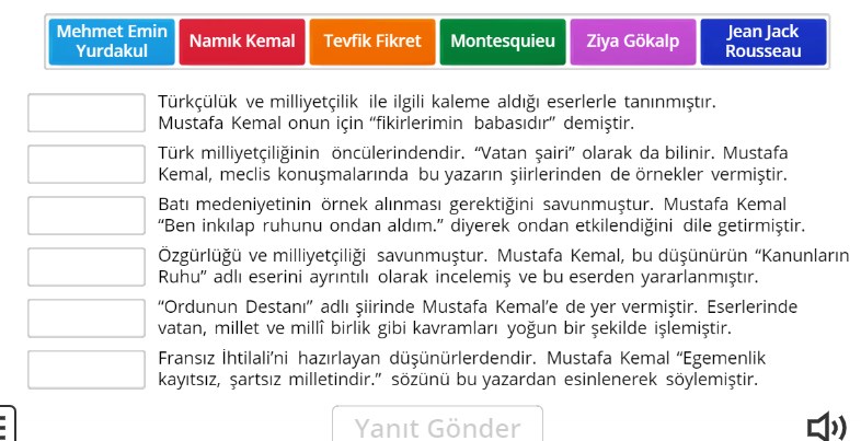 Mustafa Kemal’in Fikir Hayatını Etkileyen Yazarlar Online Eşleştirme