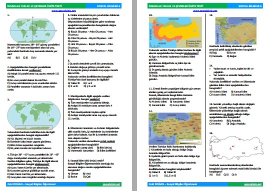 Sosyal Bilgiler 6 İnsanlar Yerler ve Çevreler Ünite Testi