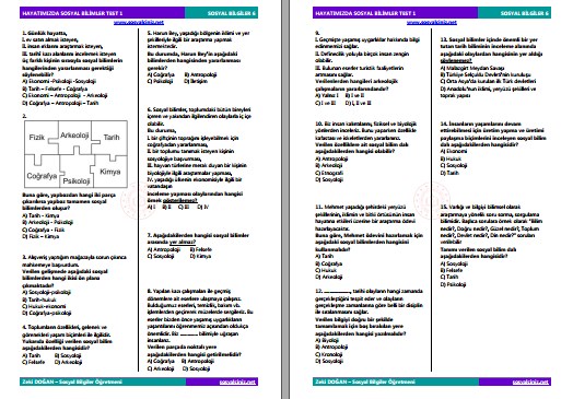Hayatımızda Sosyal Bilimler Test 1