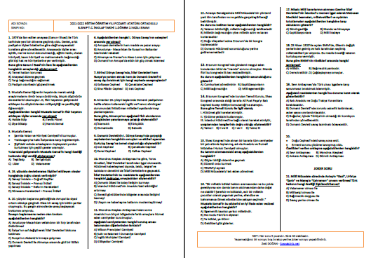 T.C. İnkılap Tarihi 1.Dönem 2.Yazılı-Test