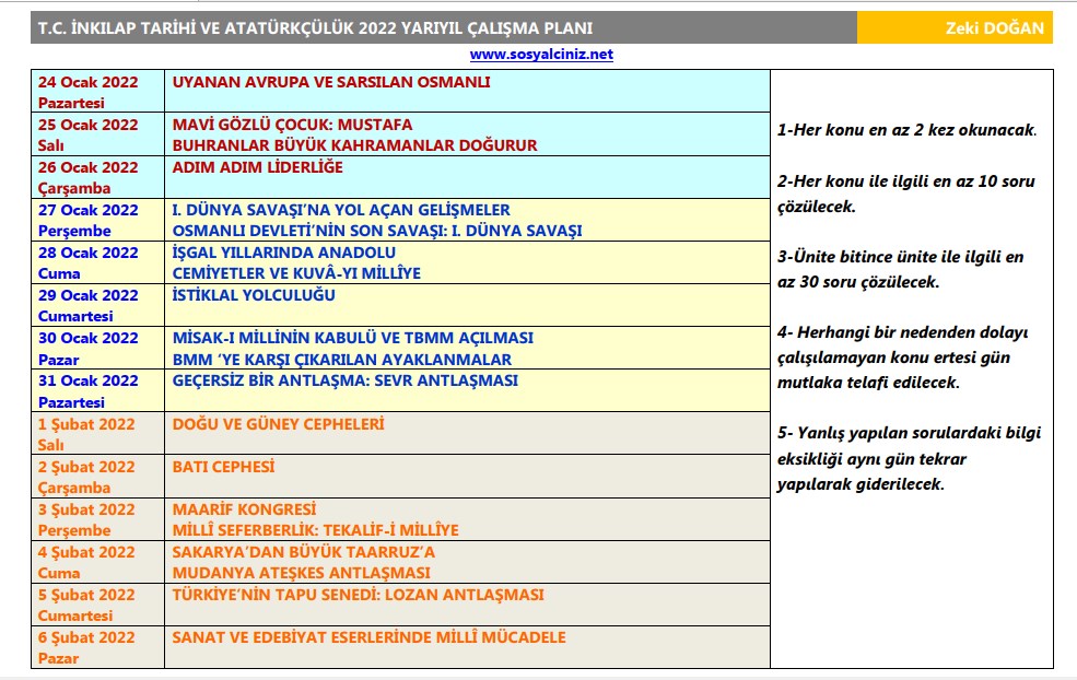 T.C. İnkılap Tarihi 2022 Yarıyıl Tatili Çalışma Programı