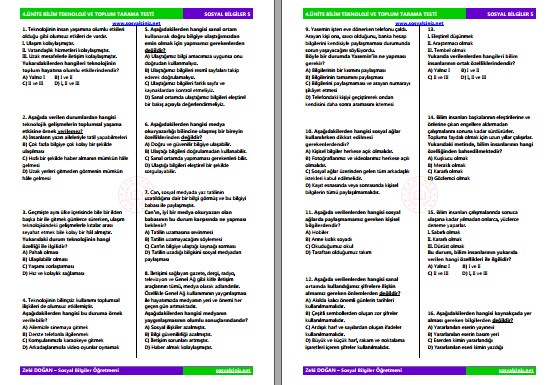 5.Sınıf Sosyal Bilgiler 4.Ünite Değerlendirme Testi