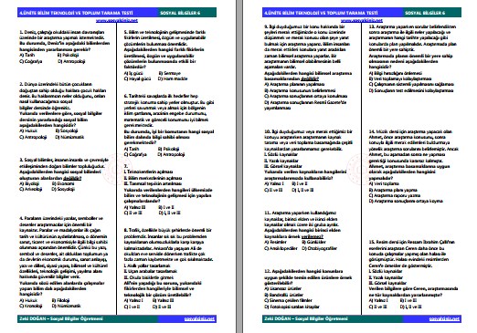 6.Sınıf Sosyal Bilgiler 4.Ünite Değerlendirme Testi