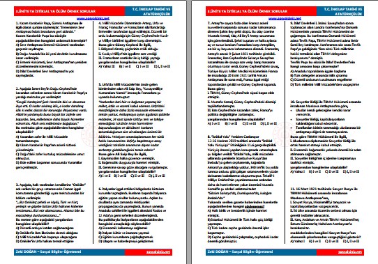 Ya İstiklal Ya Ölüm Ünitesi MEB Örnek Sorular