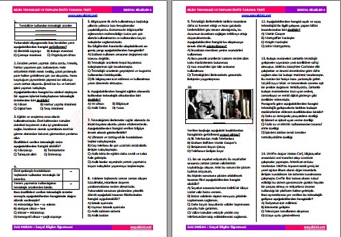4.Sınıf Sosyal Bilgiler Bilim Teknoloji ve Toplum Ünite Testi