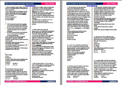 7.Sınıf Sosyal Bilgiler Bilim Teknoloji ve Toplum Ünite Testi