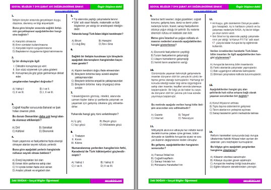 Sosyal Bilgiler 7 Şubat Değerlendirme Sınavı