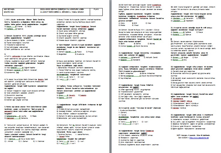 2021-2022 11. Sınıf Tarih 2. Dönem 1. Yazılı