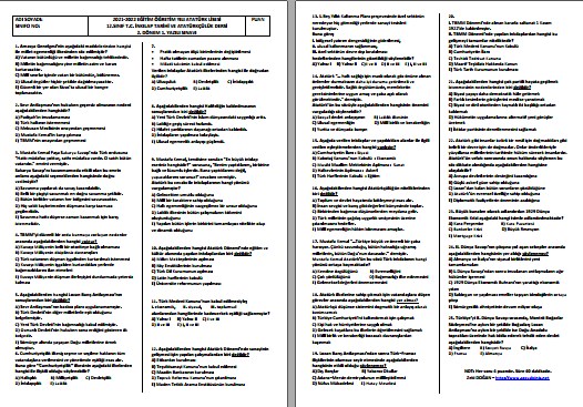 2021-2022 12. Sınıf T. C. İnkılap Tarihi 2. Dönem 1. Yazılı