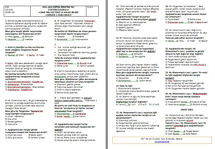 2021-2022 4. Sınıf Din Kültürü 2. Dönem 1. Yazılı