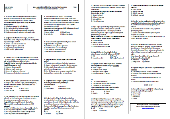2021-2022 4. Sınıf Sosyal Bilgiler 2. Dönem 1. Yazılı