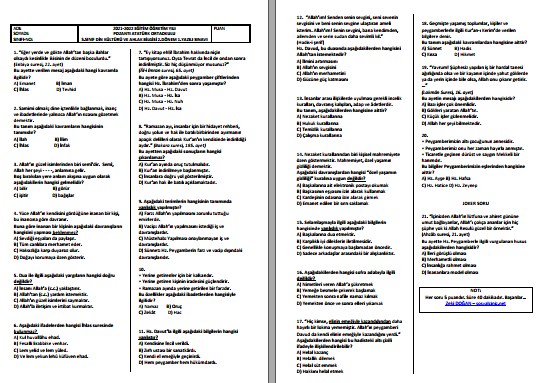 2021-2022 5. Sınıf Din Kültürü ve Ahlak Bilgisi 2. Dönem 1. Yazılı