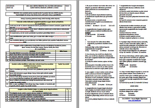 2021-2022 5.Sınıf Sosyal Bilgiler 2.Dönem 1.Yazılı
