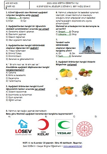 2021-2022 6. Sınıf Sosyal Bilgiler 2. Dönem 1. BEP Yazılı