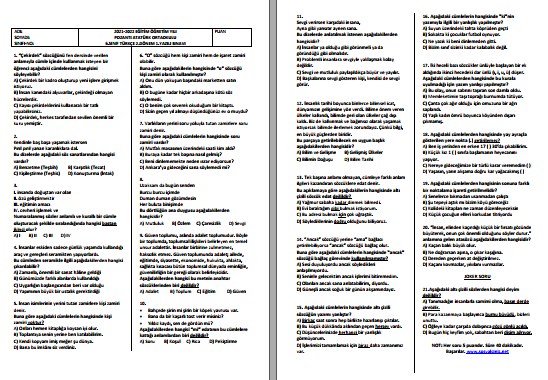 2021-2022 6. Sınıf Türkçe 2. Dönem 1. Yazılı