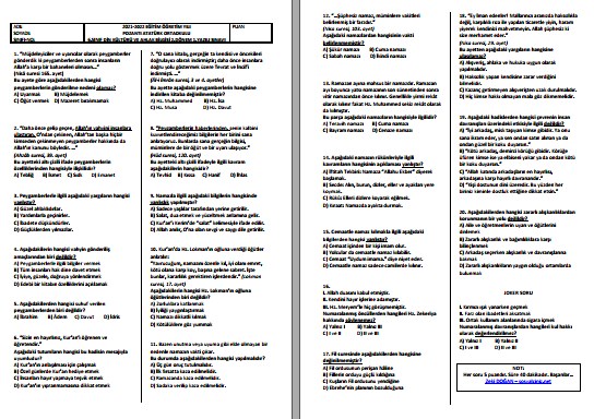 2021-2022 6. Sınıf Din Kültürü ve Ahlak Bilgisi 2. Dönem 1. Yazılı
