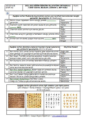 2021-2022 7. Sınıf Sosyal Bilgiler 2. Dönem 1. BEP Yazılı