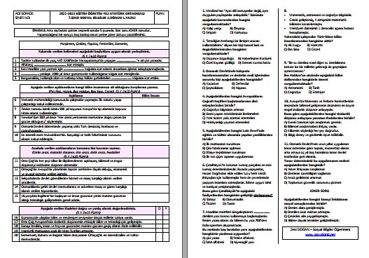 2021-2022 7.Sınıf Sosyal Bilgiler 2.Dönem 1.Yazılı
