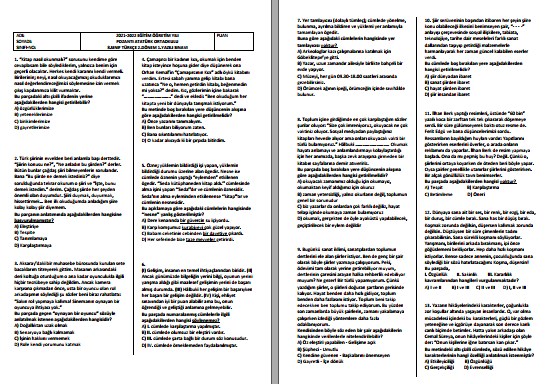 2021-2022 8. Sınıf Türkçe 2. Dönem 1. Yazılı