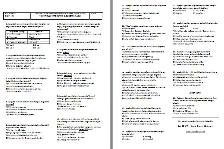 2021-2022 7. Sınıf Düşünme Eğitimi 2. Dönem 1. Yazılı