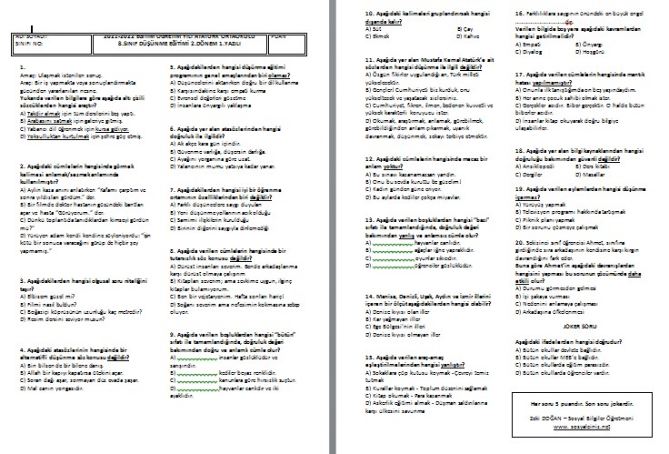 2021-2022 8. Sınıf Düşünme Eğitimi 2. Dönem 1. Yazılı