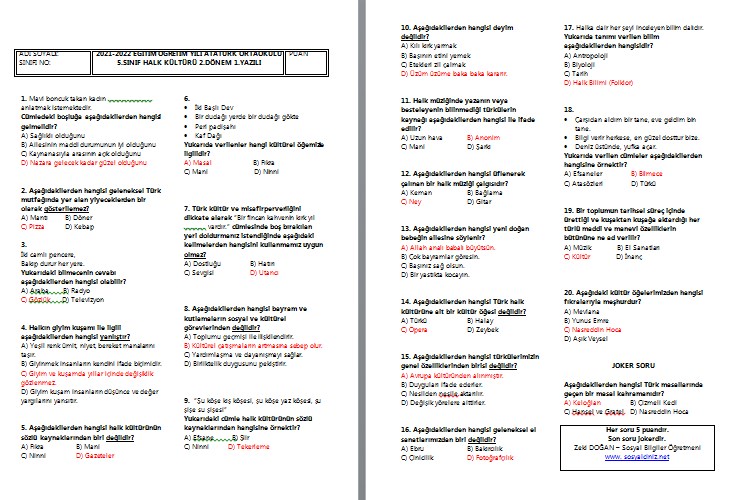 2021-2022 Halk Kültürü 5.Sınıf 2.Dönem 1.Yazılı