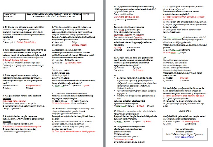 2021-2022 Halk Kültürü 6.Sınıf 2.Dönem 1.Yazılı