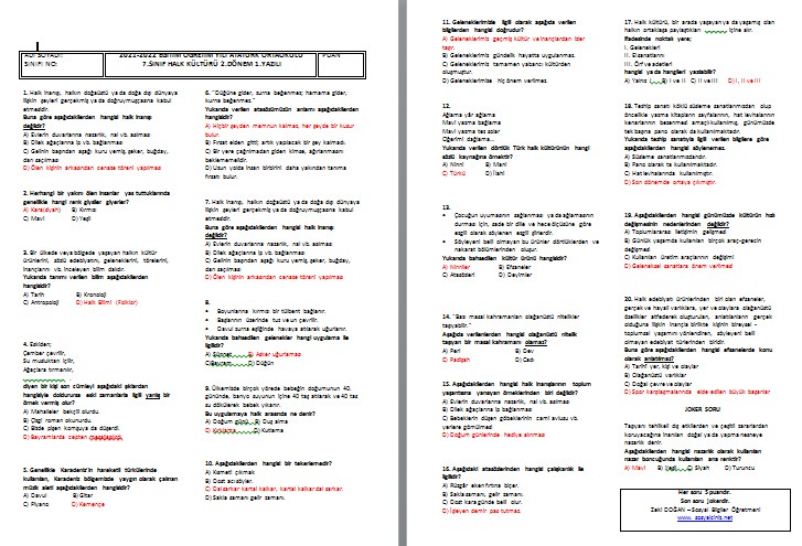 2021-2022 Halk Kültürü 7.Sınıf 2.Dönem 1.Yazılı