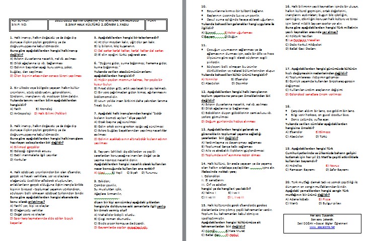 2021-2022 Halk Kültürü 8.Sınıf 2.Dönem 1.Yazılı