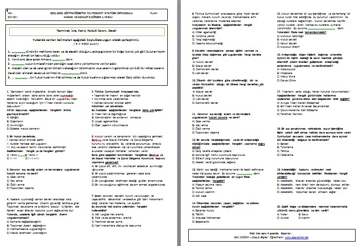 2021-2022 Hukuk ve Adalet 2.Dönem 1.Yazılı-Karma