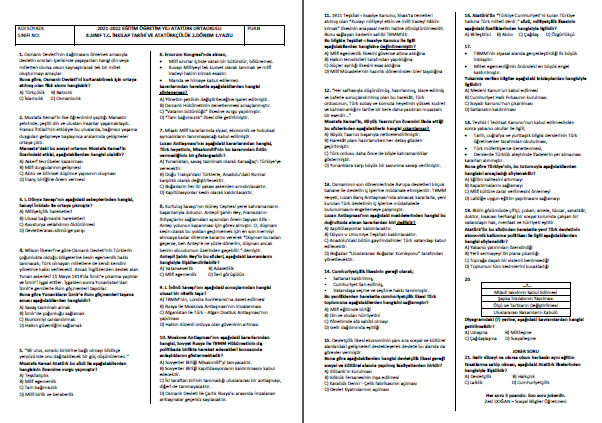 2021-2022 T. C. İnkılap Tarihi 2. Dönem 1. Yazılı Test