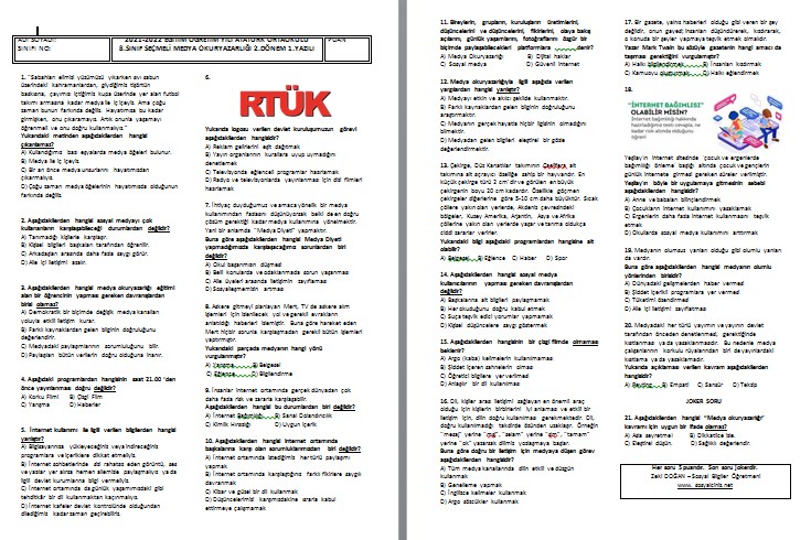 2021-2022 Medya Okuryazarlığı 2.Dönem 1.Yazılı